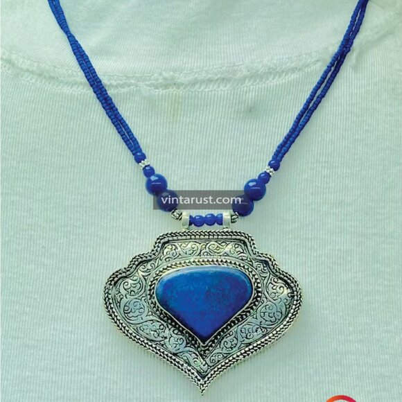 Lapis Lazuli Beaded Chain Pendant Necklace, Striking Blue Stone Pendant, Gemston - Picture 10 of 12